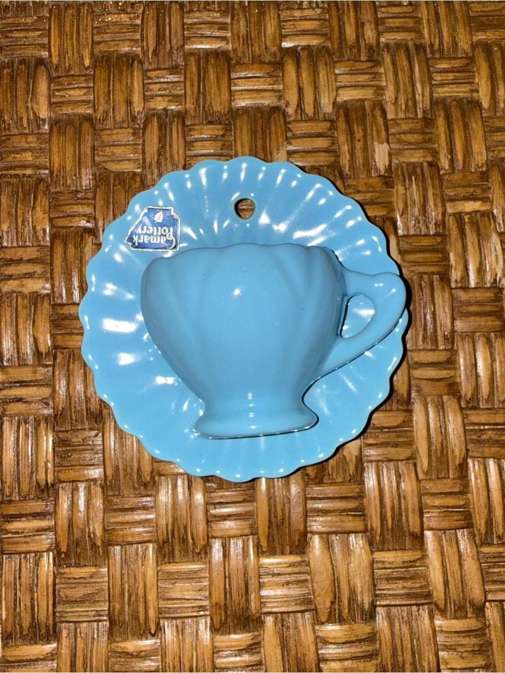 vintage Camark Pottery light blue ceramic wall pocket / teacup and saucer
